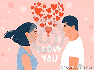 Valentine`s day card with happy couple. Couple looks at each other with love eyes. Vector Illustration